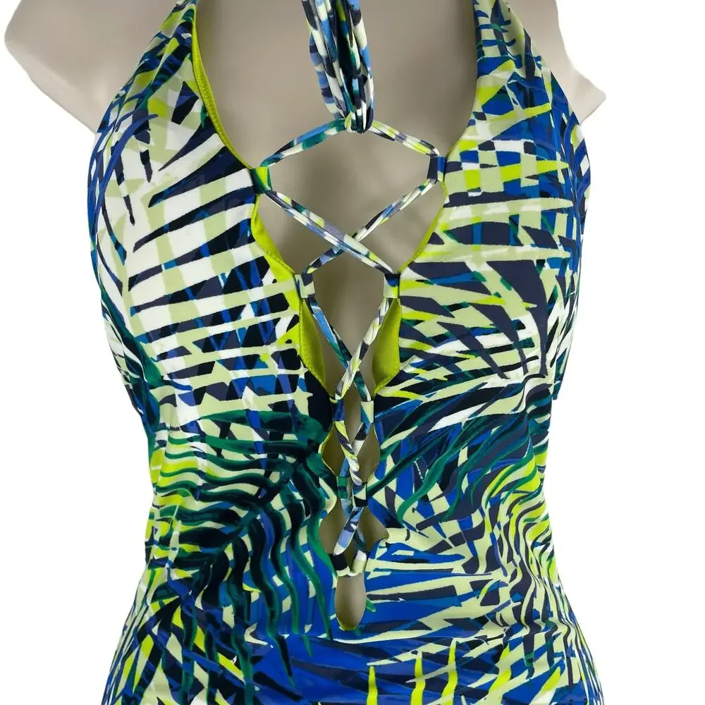 Aerie Tropical Leaf Print Plunge V Neck Lace Up One Piece Swimsuit Size S